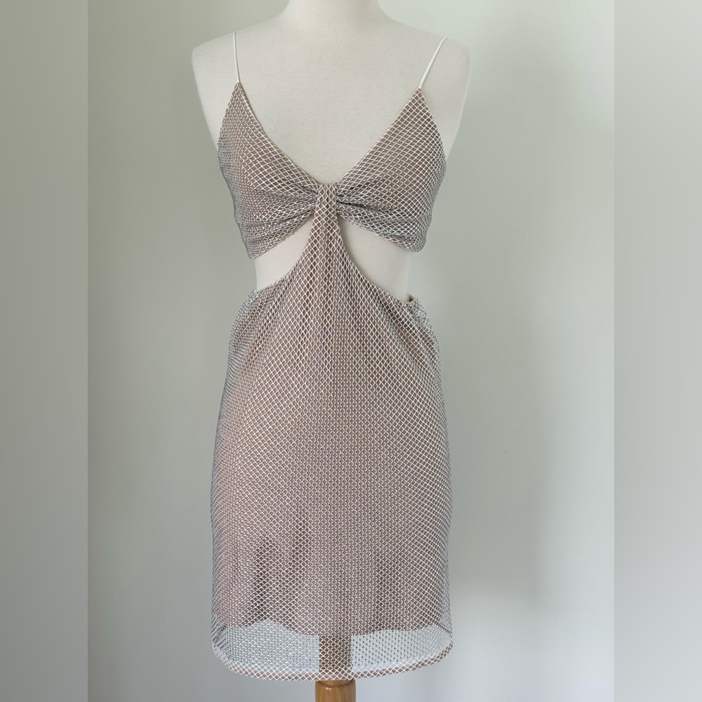 Alice + Olivia Bodycon Cut-Out Crystal Fishnet Dress Silver Beige Size 2
